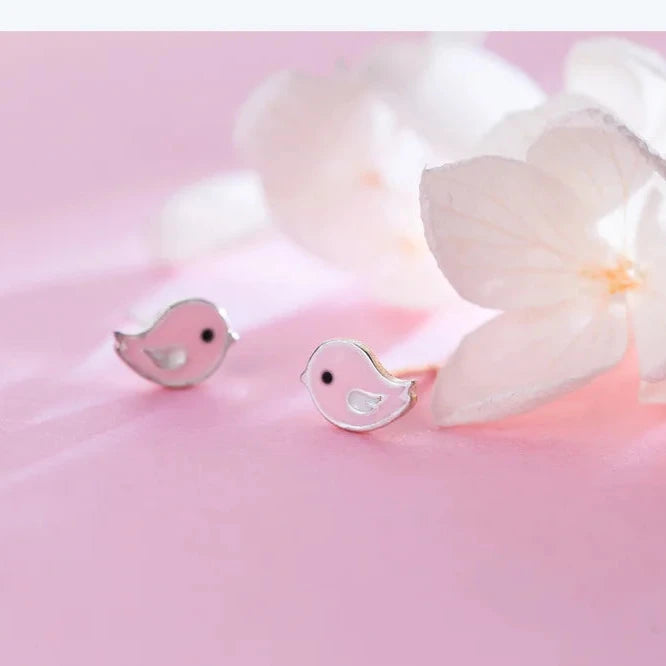 NALSEV Boucle d'oreille PINK BIRD - Adorables boucles d'oreilles en forme d'oiseau rose en argent 925