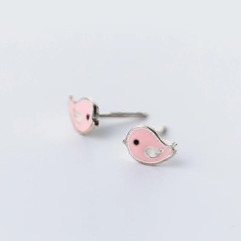 NALSEV Boucle d'oreille PINK BIRD - Adorables boucles d'oreilles en forme d'oiseau rose en argent 925